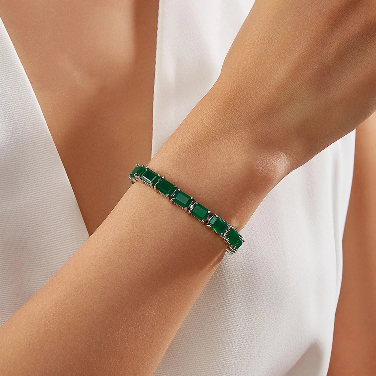 Green Agate Geometric Silver Bracelet